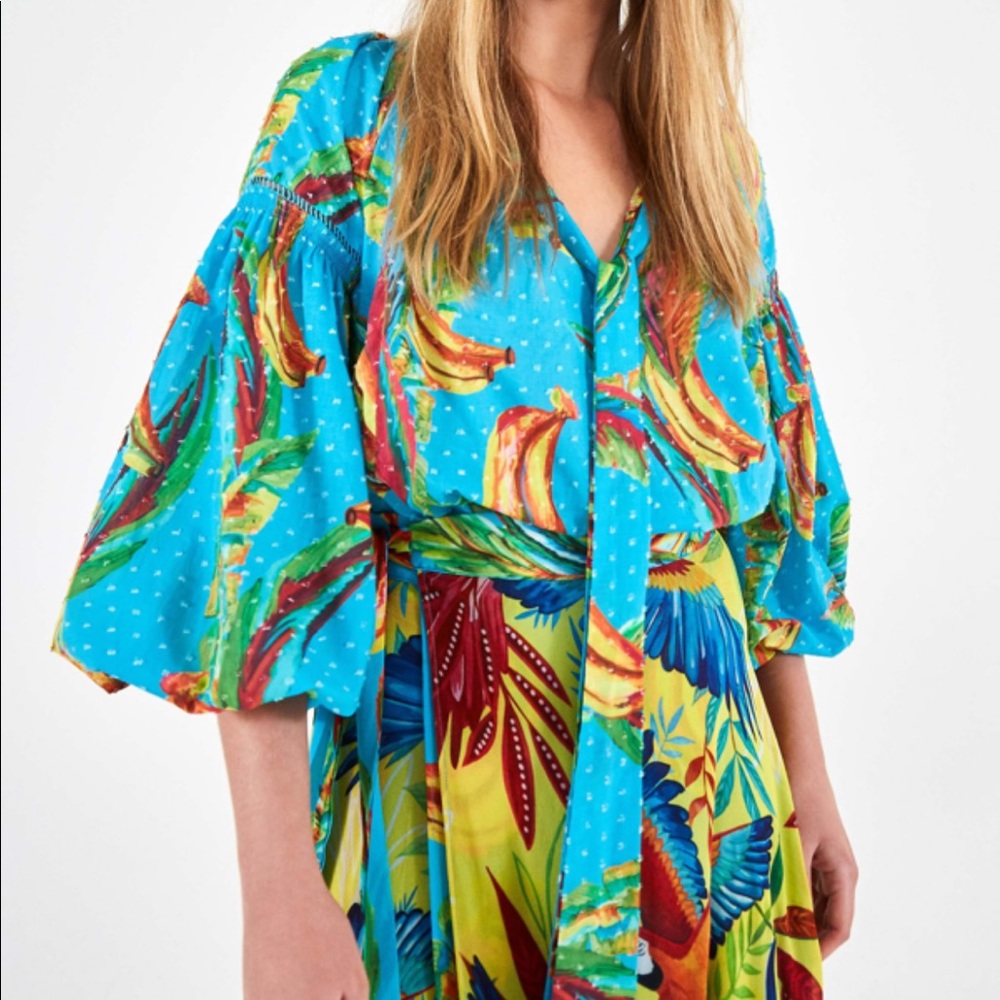FARM Rio Blue and Yellow Tropical Print Top